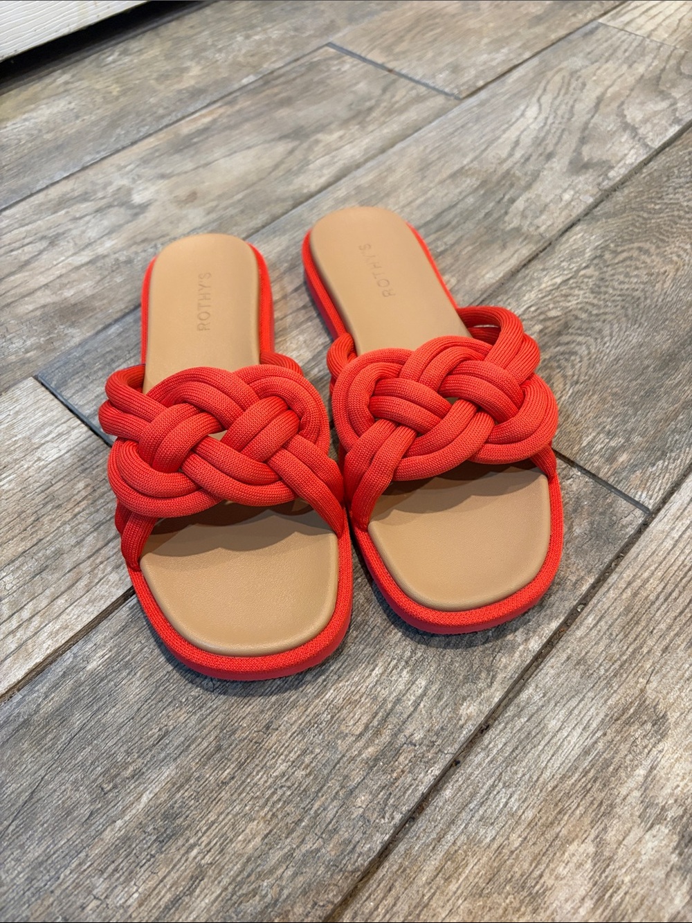 Rothy's Red Knotted Summer Slide Sandals with Tan Footbed size 10.5